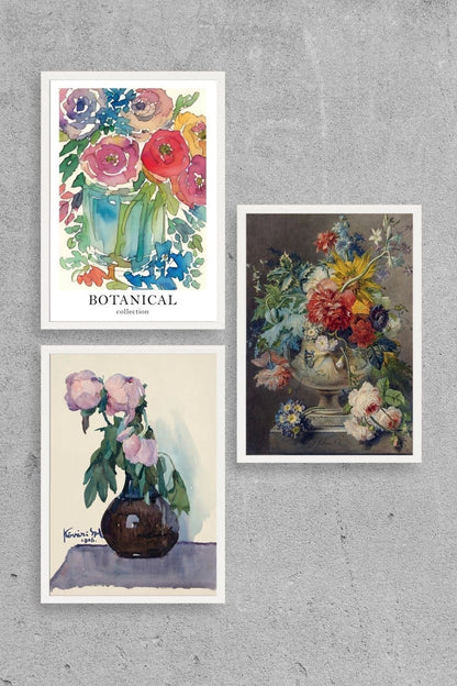 Çiçek Üçlü Ahşap Çerçeveli Tablo 23 x 30