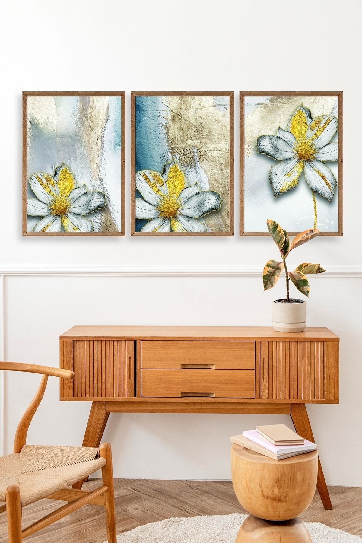 Çiçek Desenli Üçlü Ahşap Çerçeveli Tablo 30 x 42