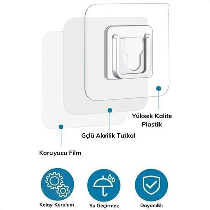 BUFFER® Eşya Sabitleme Askısı 10 Çift Şeffaf Çift Taraflı Yapışkanlı Geçmeli Klips