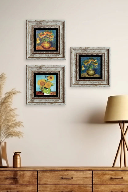 Çiçekler 3 lü Set Çerçeveli Taş Tablo 20 cm