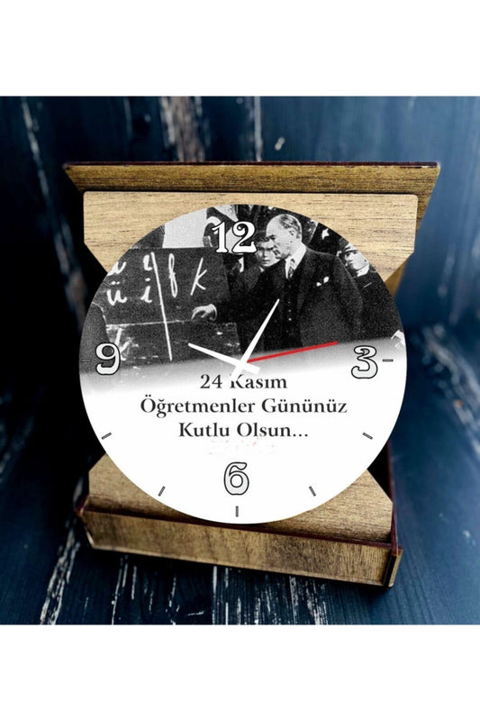 Öğretmenler Günü Atatürk Resimli Ahşap Dekor I Karikatürlü Masa Saati