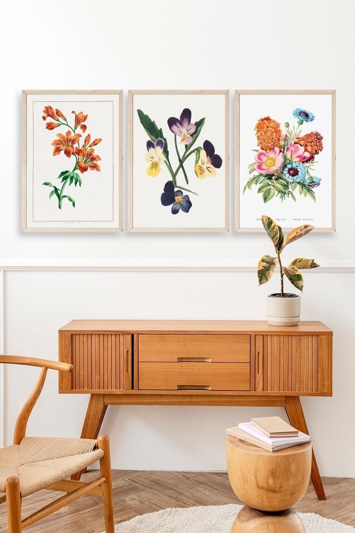 Çiçek Üçlü Ahşap Çerçeveli Tablo 40 x 60