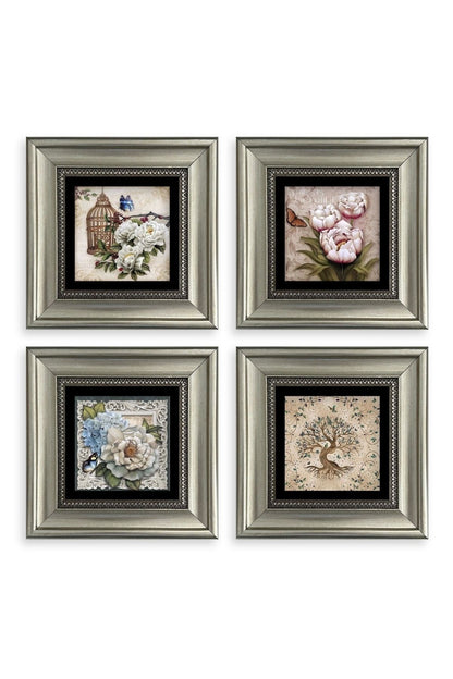 Çiçekler 4 lü Set Çerçeveli Taş Tablo 20 cm