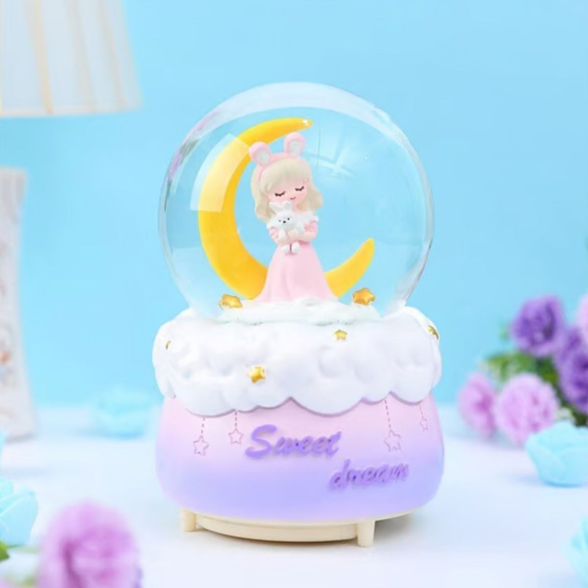 Pilli Işıklı Müzikli Kar Küresi–Hilal Ay Önünde Prenses Figürlü Eğlenceli Masaüstü Biblo, LED Aydınlatmalı Dekoratif Hediyelik Kar Küresi