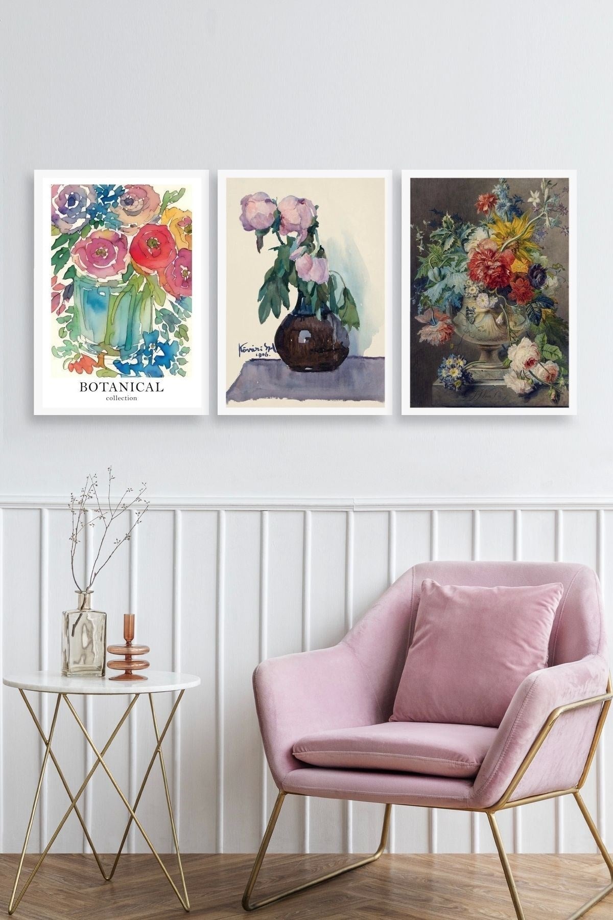 Çiçek Üçlü Ahşap Çerçeveli Tablo 30 x 40