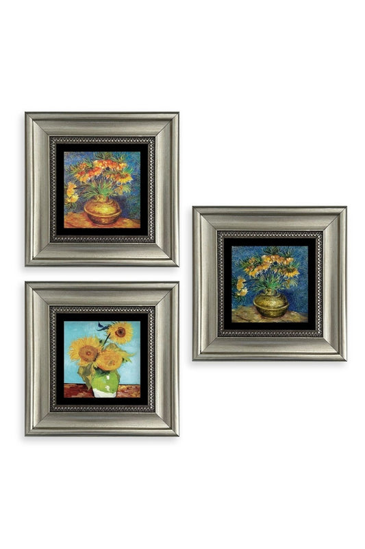 Çiçekler 3 lü Set Çerçeveli Taş Tablo 20 cm
