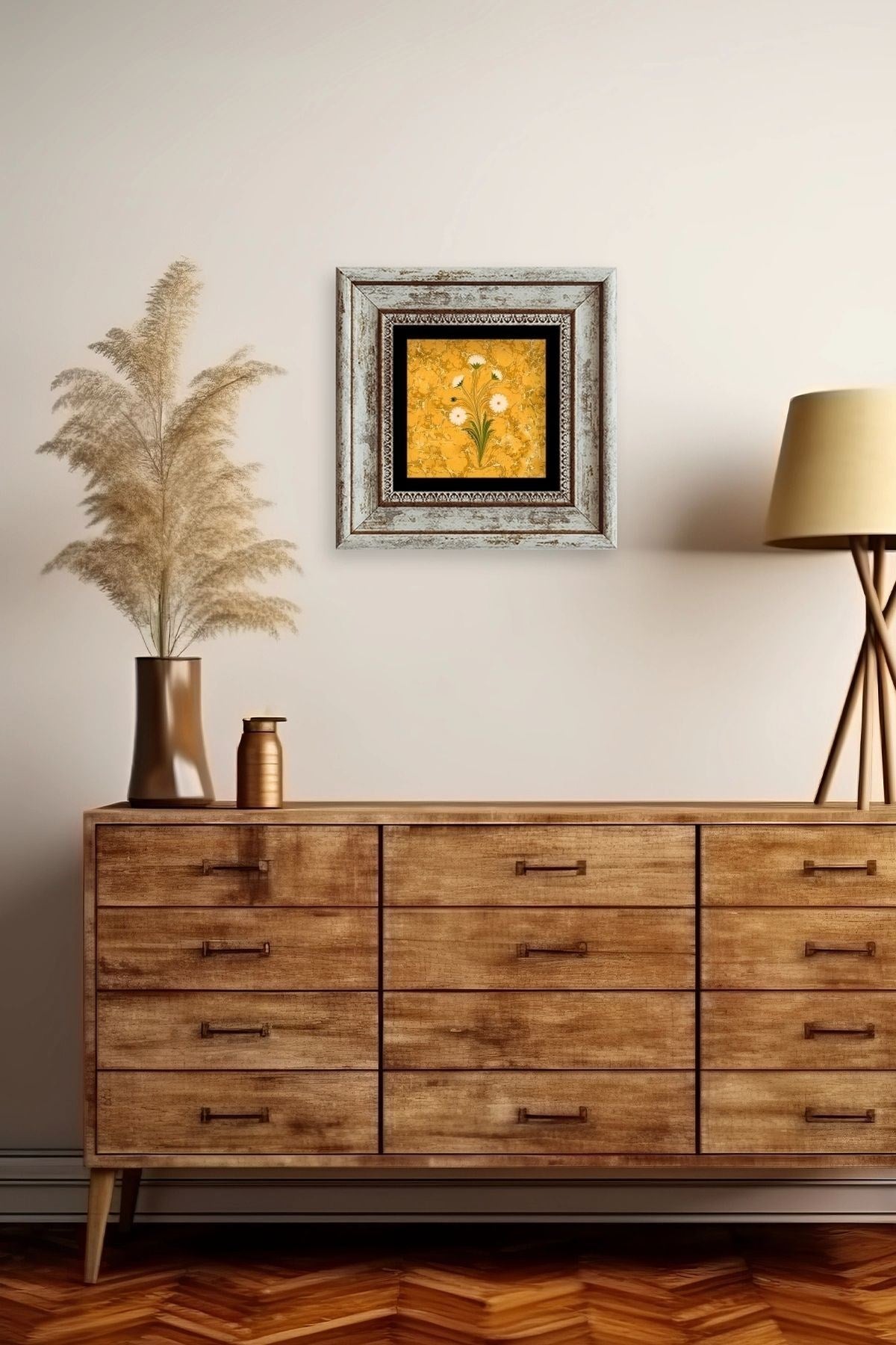 Ebru Sanatı Çiçek Çerçeveli Taş Tablo 20 cm