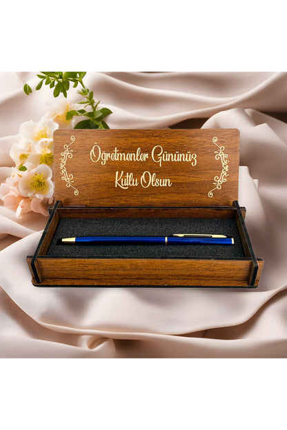 Öğretmenler Günü Tasarımlı Metal Kalem ve Ahşap Kutu