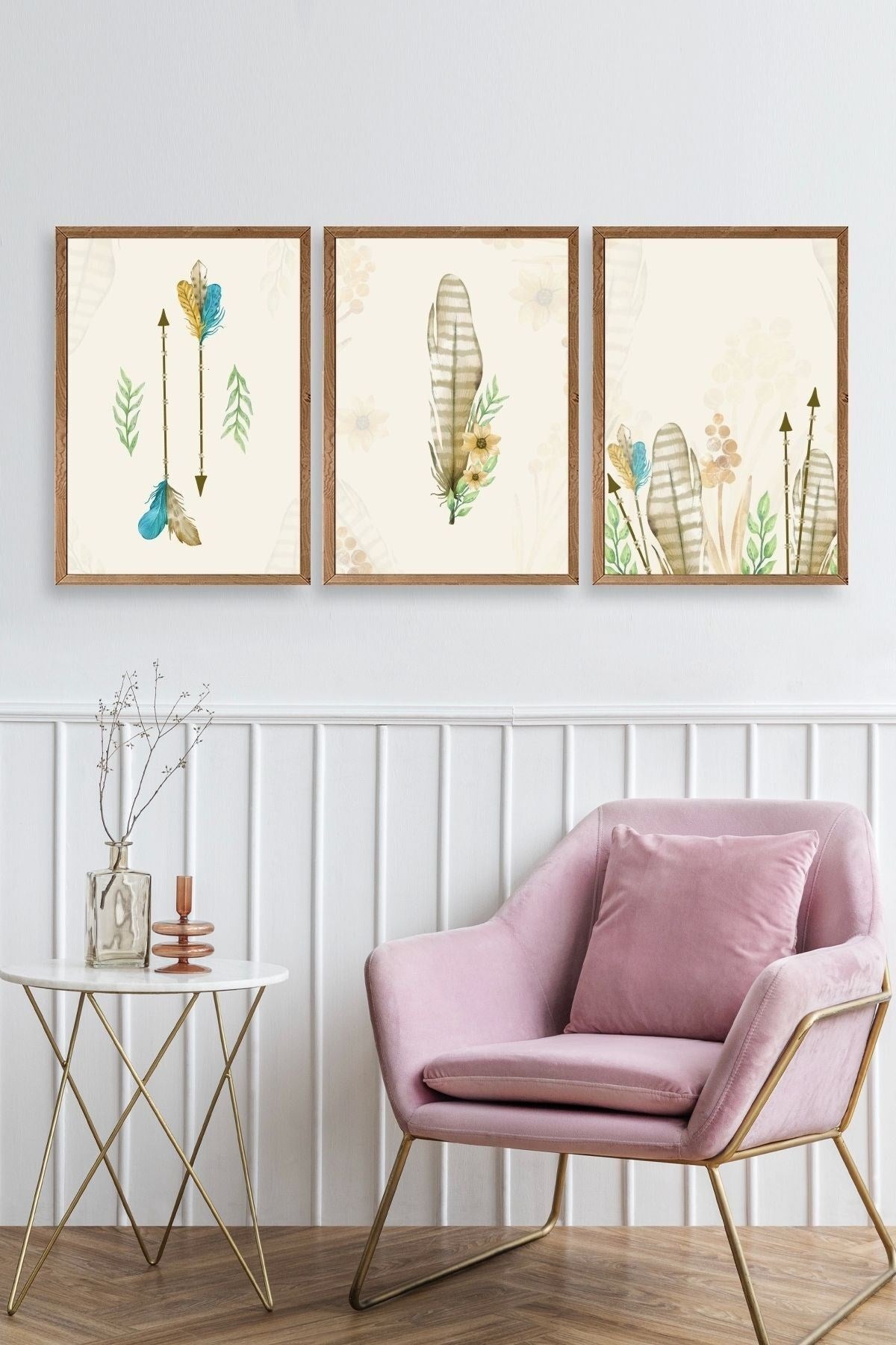 Çiçekli Desenler Üçlü Ahşap Çerçeveli Tablo 30 x 42