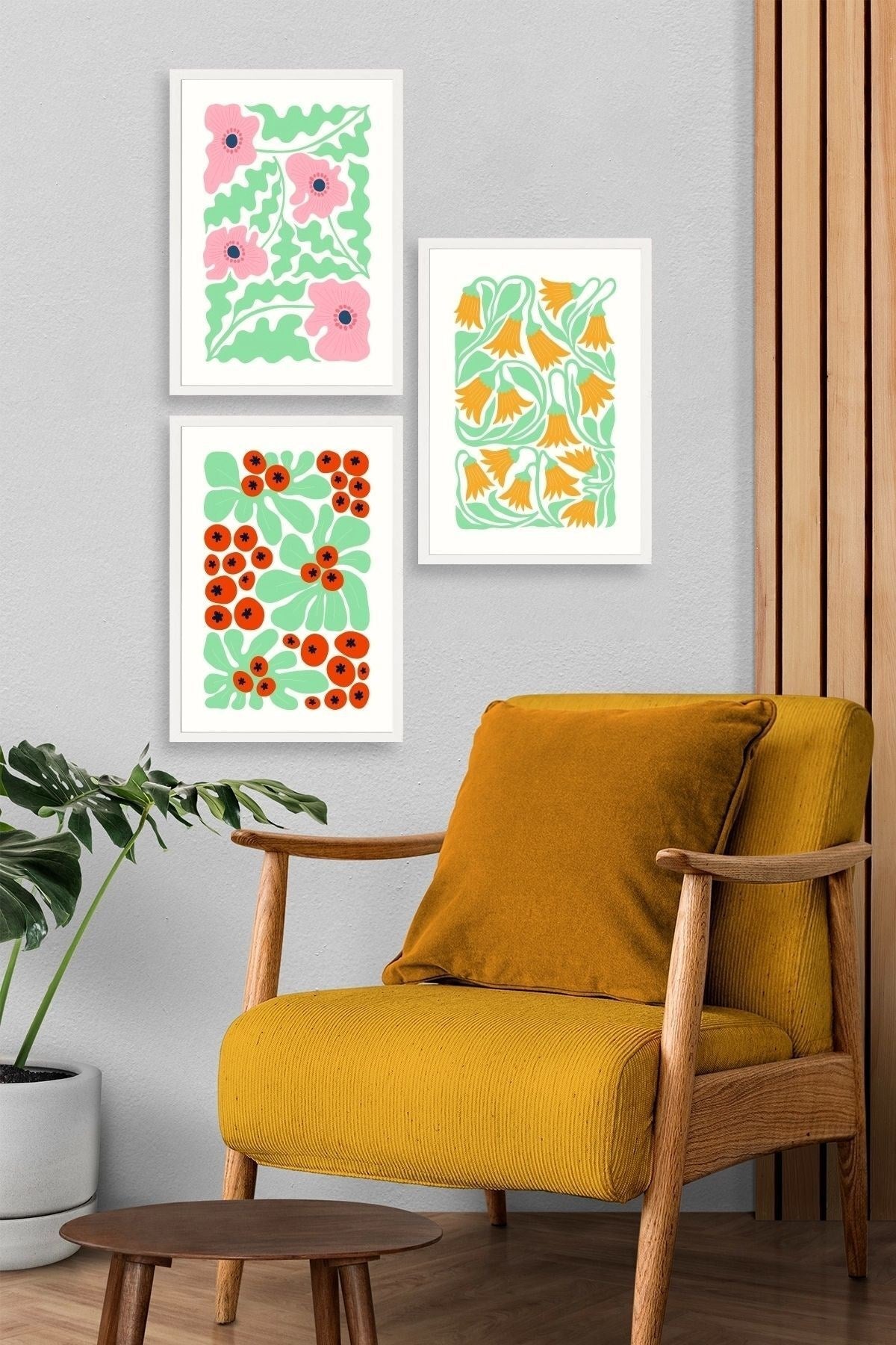 Çiçekler Üçlü Ahşap Çerçeveli Tablo 40 x 60