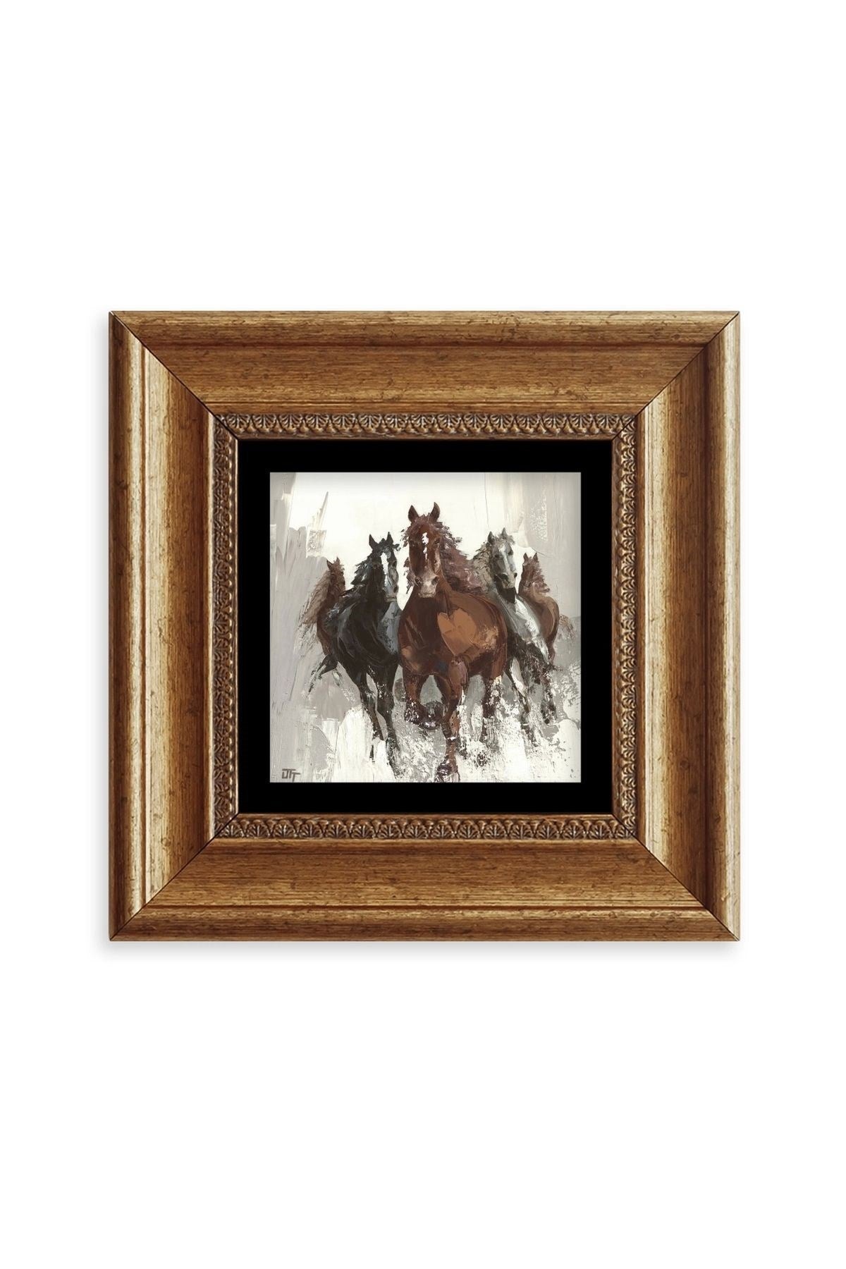 Koşan Atlar Yağlı Boya Çerçeveli Taş Tablo 20 cm