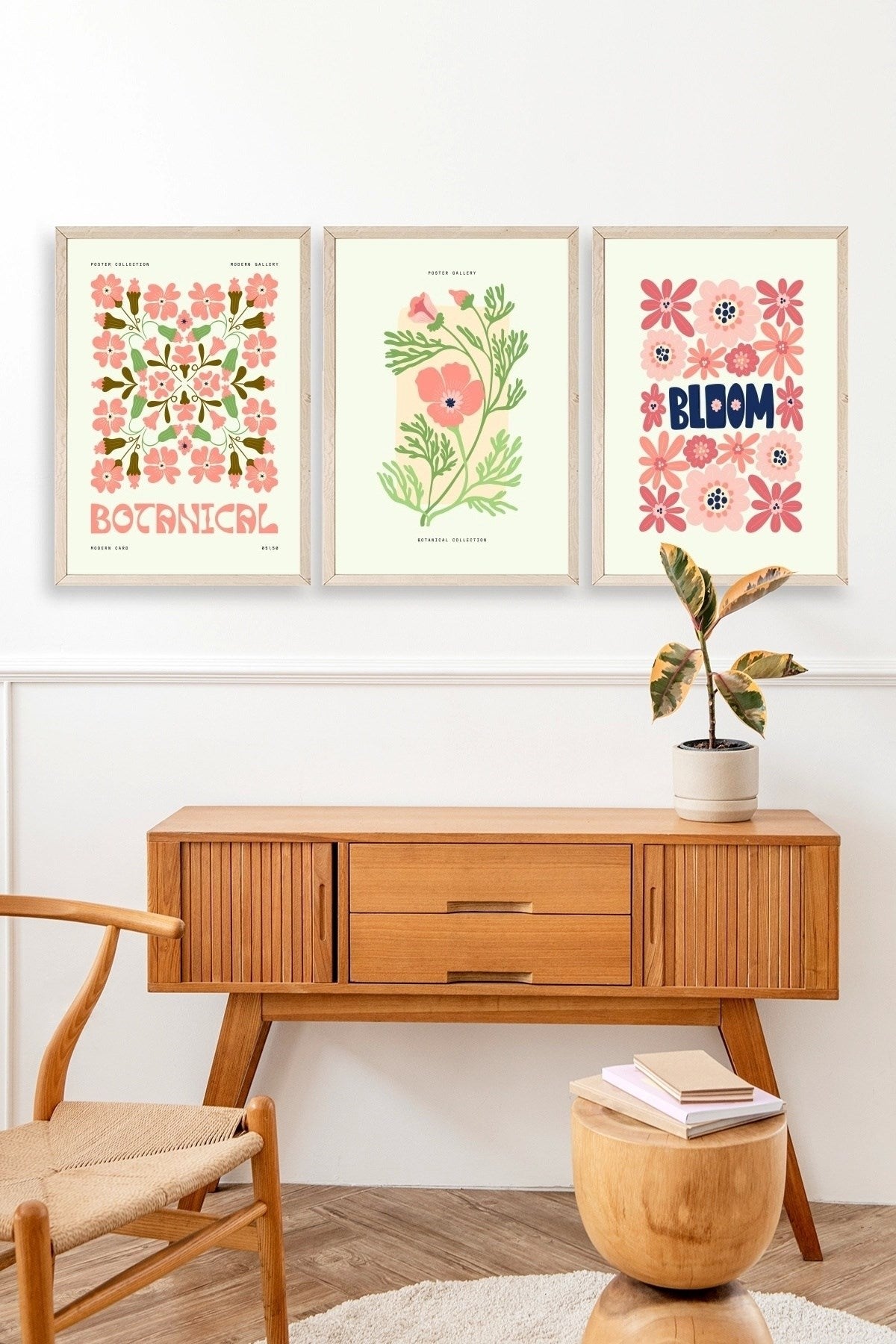 Botanik Üçlü Ahşap Çerçeveli Tablo 50 x 70