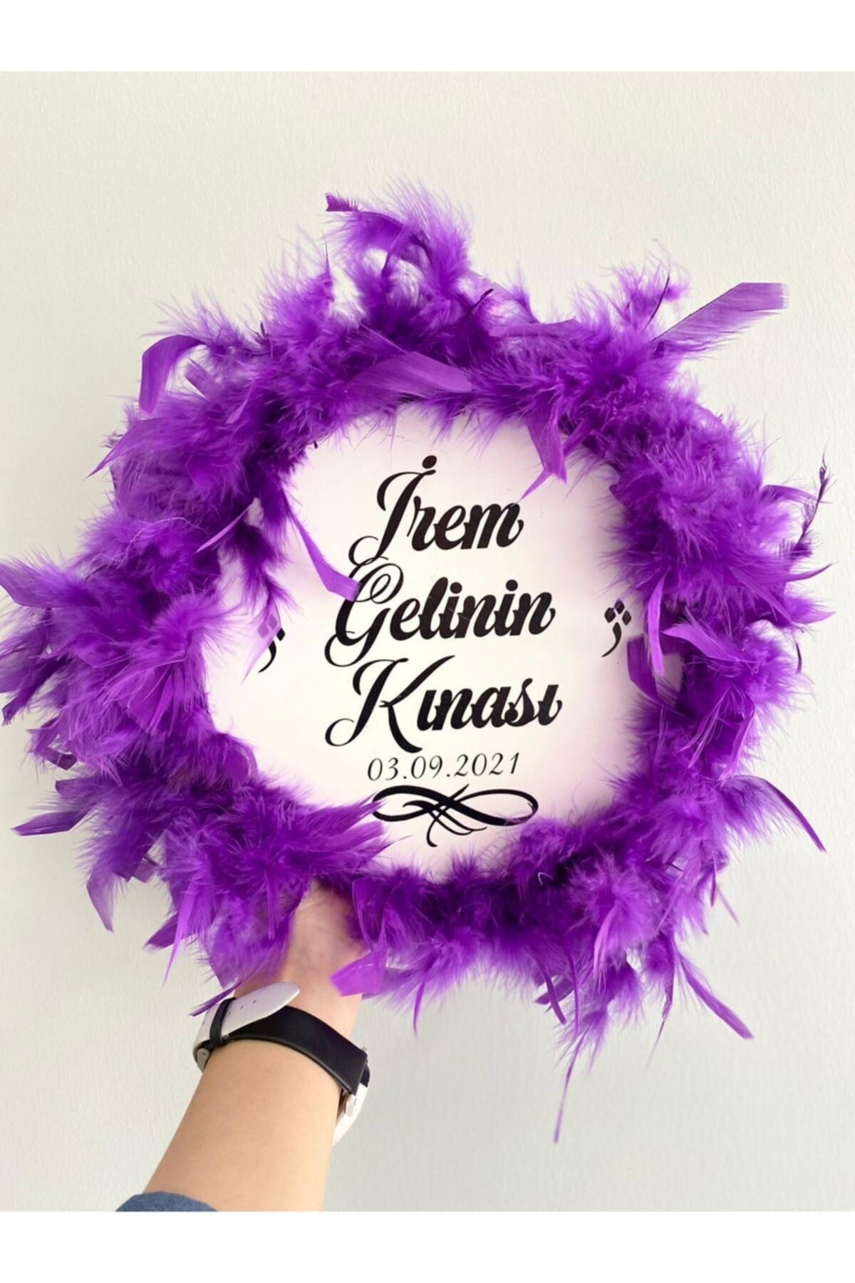 Kişiye Özel Tüylü Kına Gecesi Tefi,mor Tüylü Gelin Tefi, Kına Tefi (22 CM)