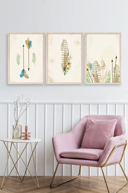 Çiçekli Desenler Üçlü Ahşap Çerçeveli Tablo 23 x 30