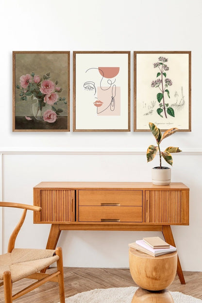 Çiçek Üçlü Ahşap Çerçeveli Tablo 23 x 30