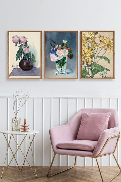 Vazodaki Çiçekler Üçlü Ahşap Çerçeveli Tablo 23 x 30