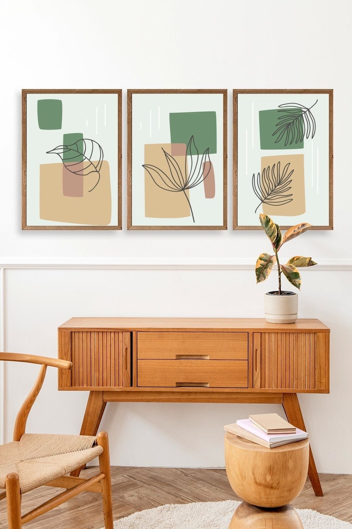 Çiçek Desenli Üçlü Ahşap Çerçeveli Tablo 23 x 30