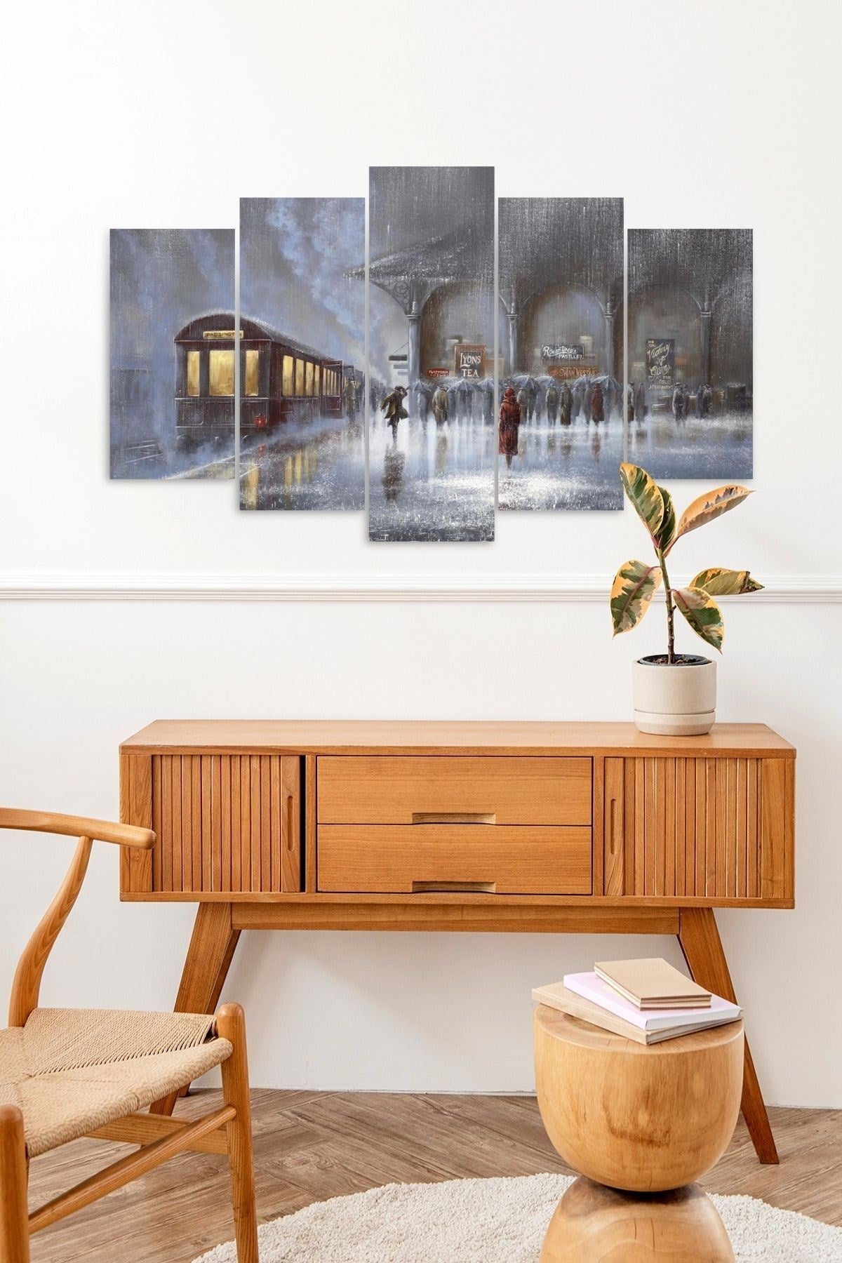 Yağmur ve Tren 5 Parçalı Mdf Tablo 60 x 100