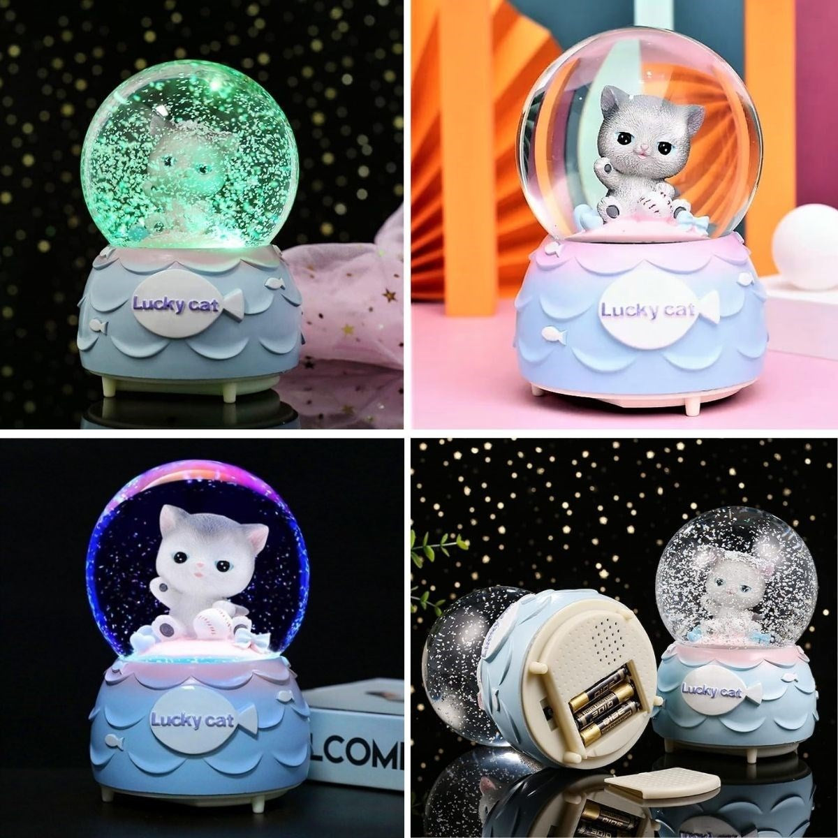 Pilli Işıklı Müzikli Kar Küresi–Şanslı Toplu Kedi Figürlü Eğlenceli Masaüstü Biblo, LED Aydınlatmalı Dekoratif Hediyelik Kar Küresi