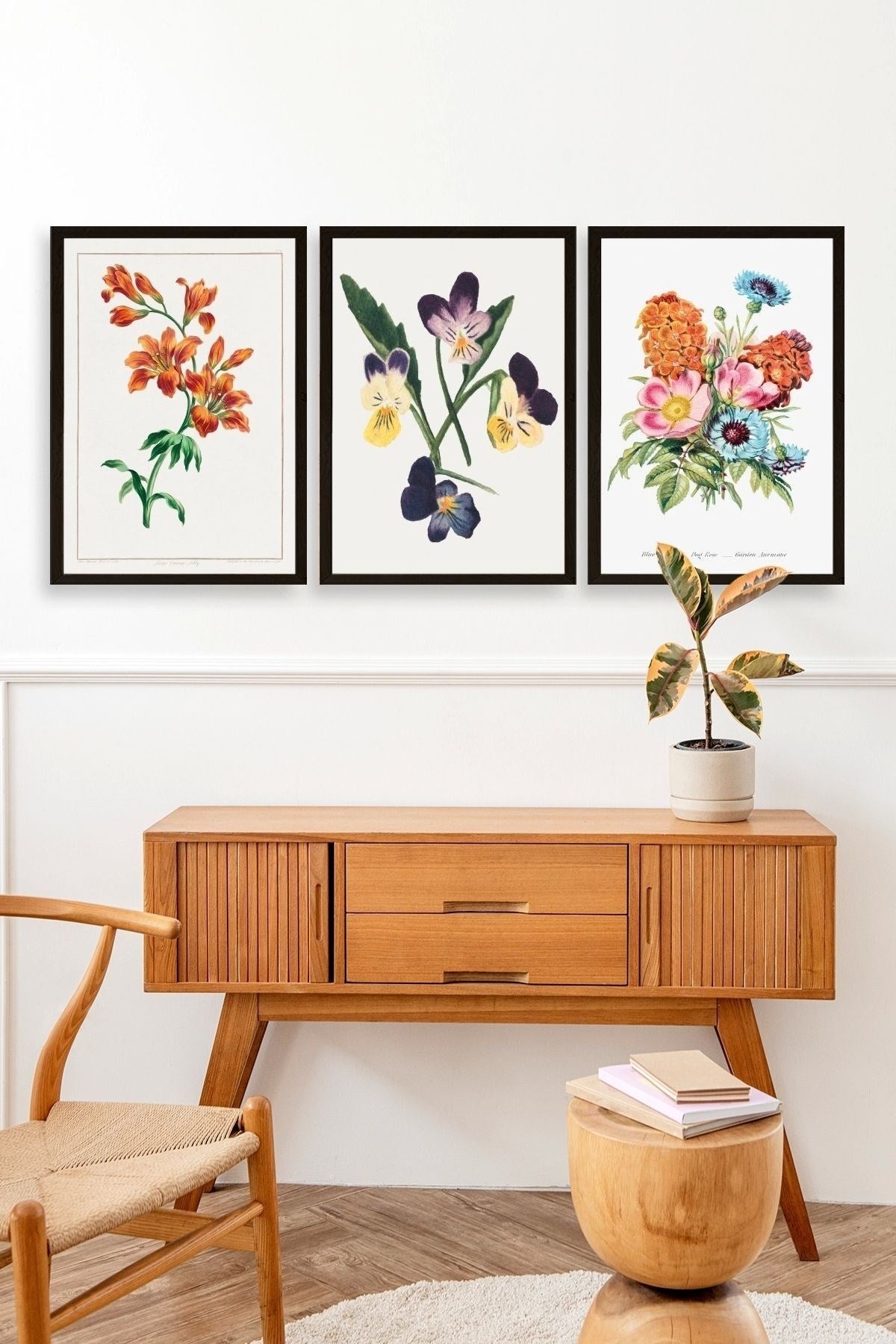 Çiçek Üçlü Ahşap Çerçeveli Tablo 50 x 70