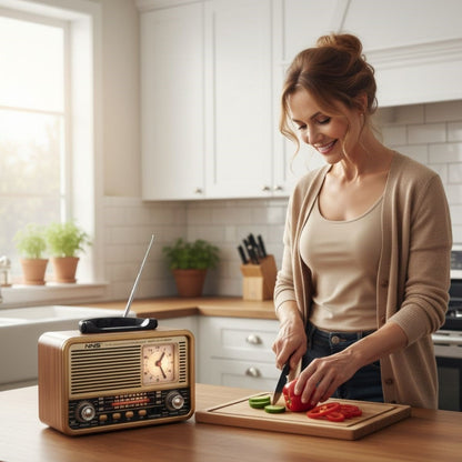 BUFFER® Orta Boy Saat Göstergeli Retro Ahşap Tasarım Bluetooth Hoparlörlü Radyo – FM/AM Destekli, Şarjlı ve Taşınabilir Radyo NS-8898