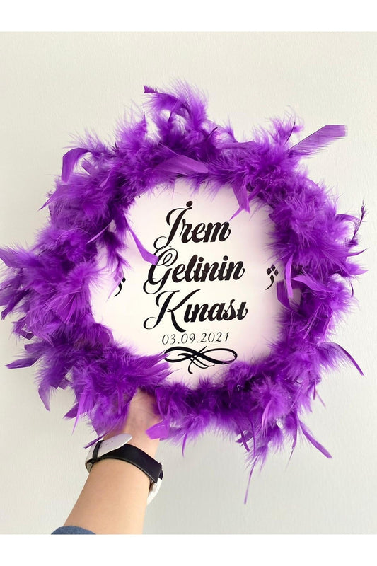 Kişiye Özel Tüylü Kına Gecesi Tefi,mor Tüylü Kına Tefi, Gelin Tefi (28 CM)