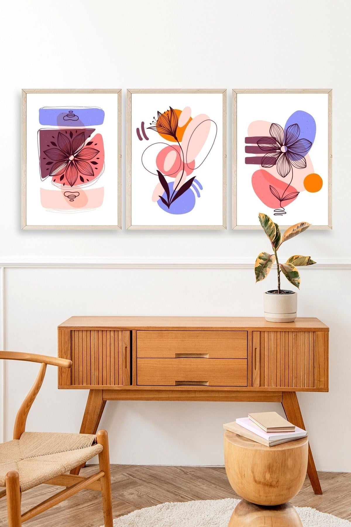 Çiçek Desenli Üçlü Ahşap Çerçeveli Tablo 50 x 70