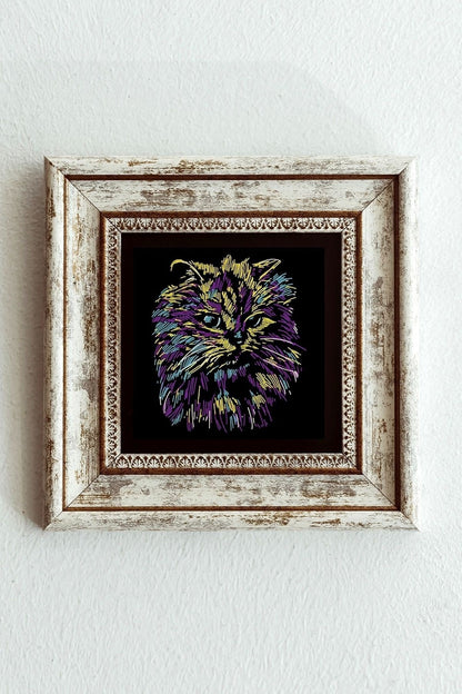 Soyut Çalışma Renkli Kedi Çerçeveli Taş Tablo , Çerçeveli Taş Duvar Dekoru-enkcrcvtbl-00100 20 cm