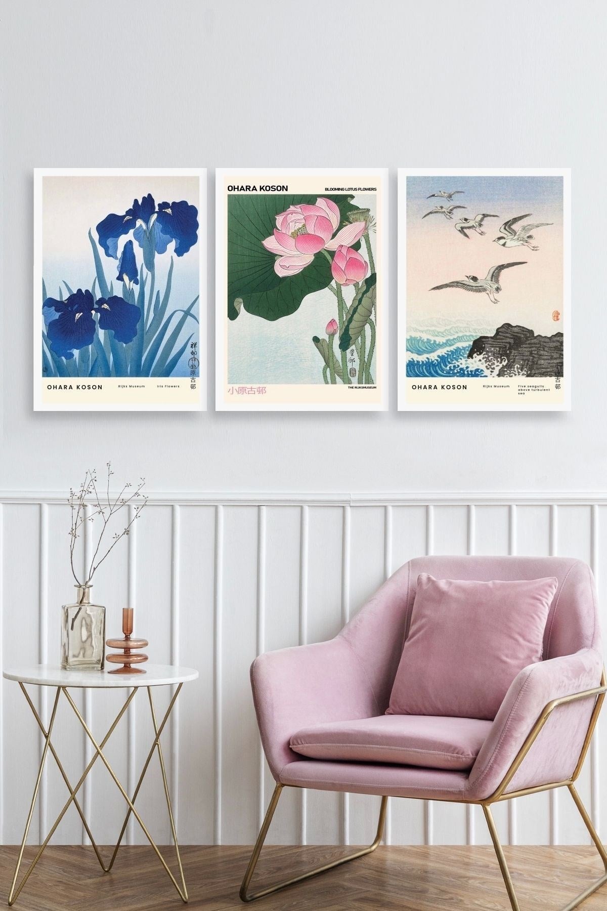 Vazodaki Çiçekler Üçlü Ahşap Çerçeveli Tablo 40 x 60