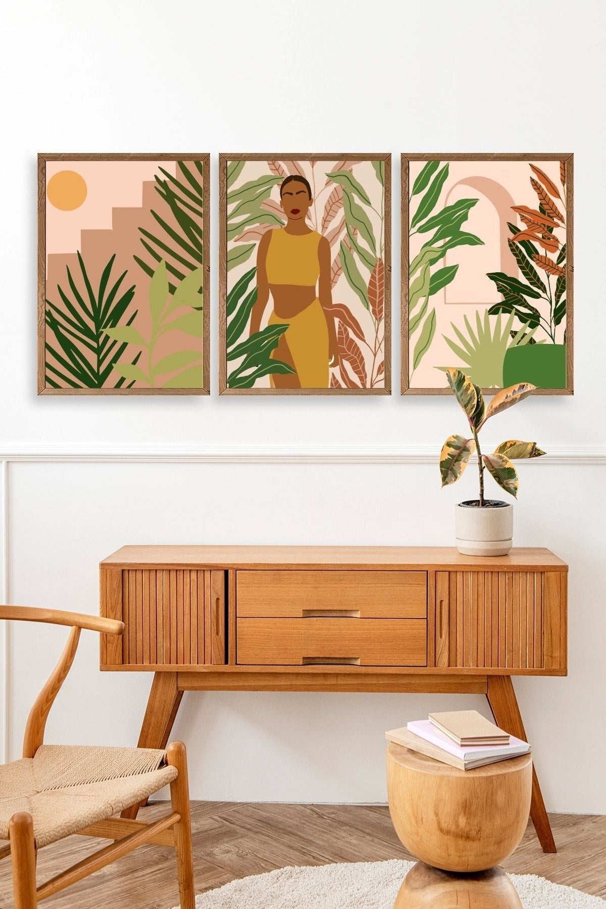 Düşündüren Çiçekli Üçlü Ahşap Çerçeveli Tablo 50 x 70