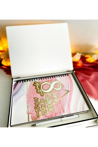 Kadınlar Günü Ahşap Kutulu Ahşap Defter Kalem Seti - Pmbe2