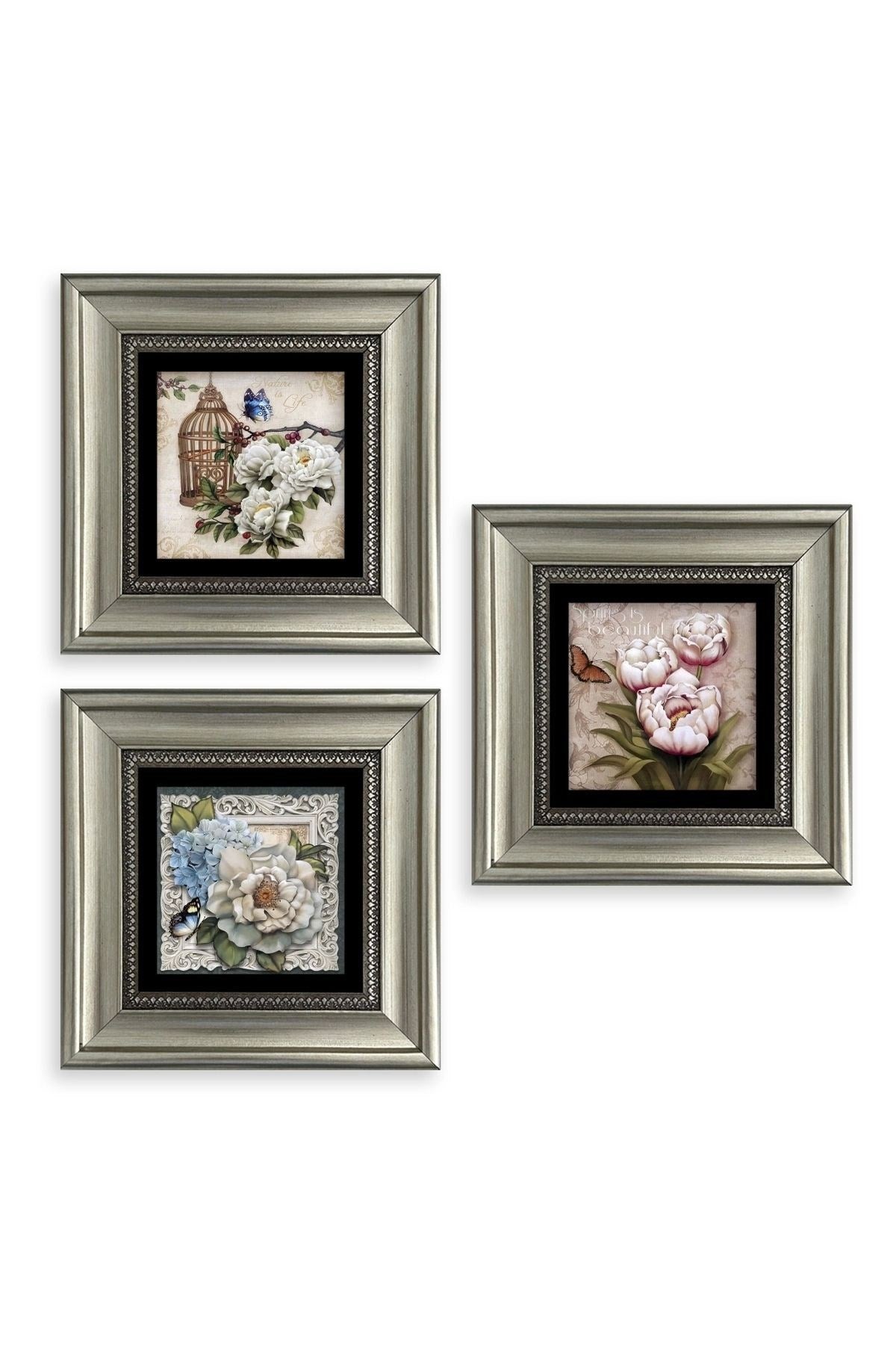 Çiçekler 3 lü Set Çerçeveli Taş Tablo 20 cm
