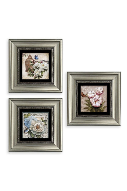 Çiçekler 3 lü Set Çerçeveli Taş Tablo 20 cm