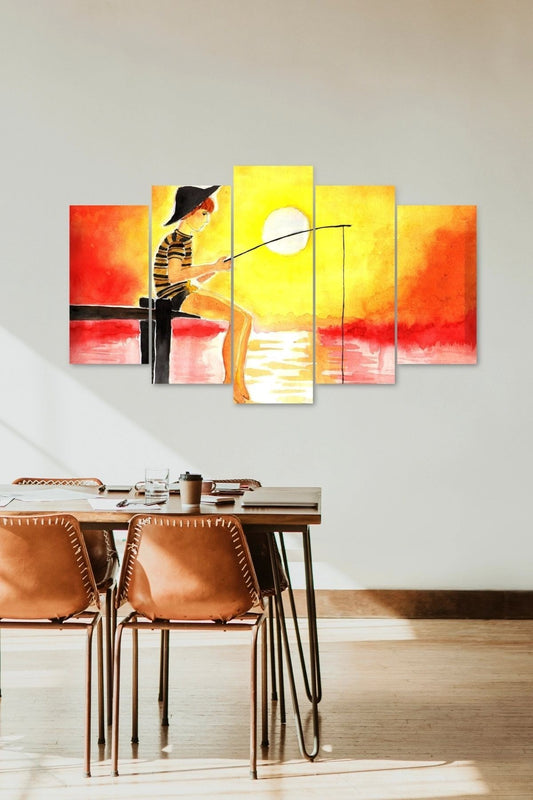 Balık Tutan İnsan 5 Parçalı Mdf Tablo 60 x 100