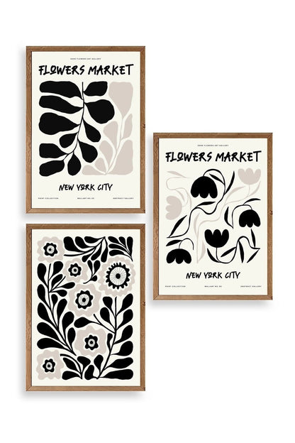 Flower Market Üçlü Ahşap Çerçeveli Tablo 50 x 70