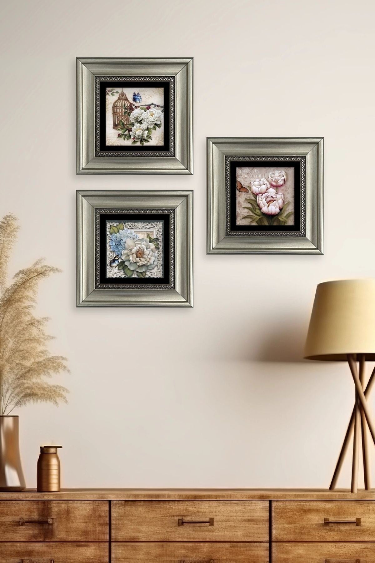 Çiçekler 3 lü Set Çerçeveli Taş Tablo 20 cm