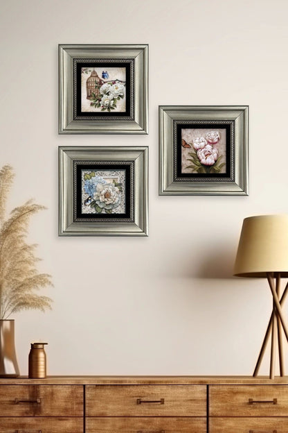 Çiçekler 3 lü Set Çerçeveli Taş Tablo 20 cm