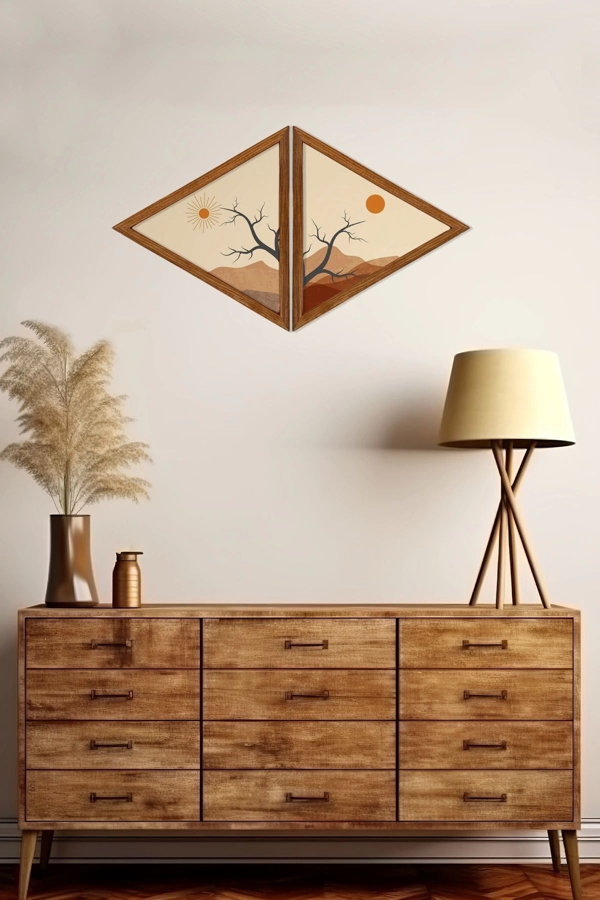 Dekoratif Üçgen Çerçeveli Ahşap Tablo Set 35 x 40