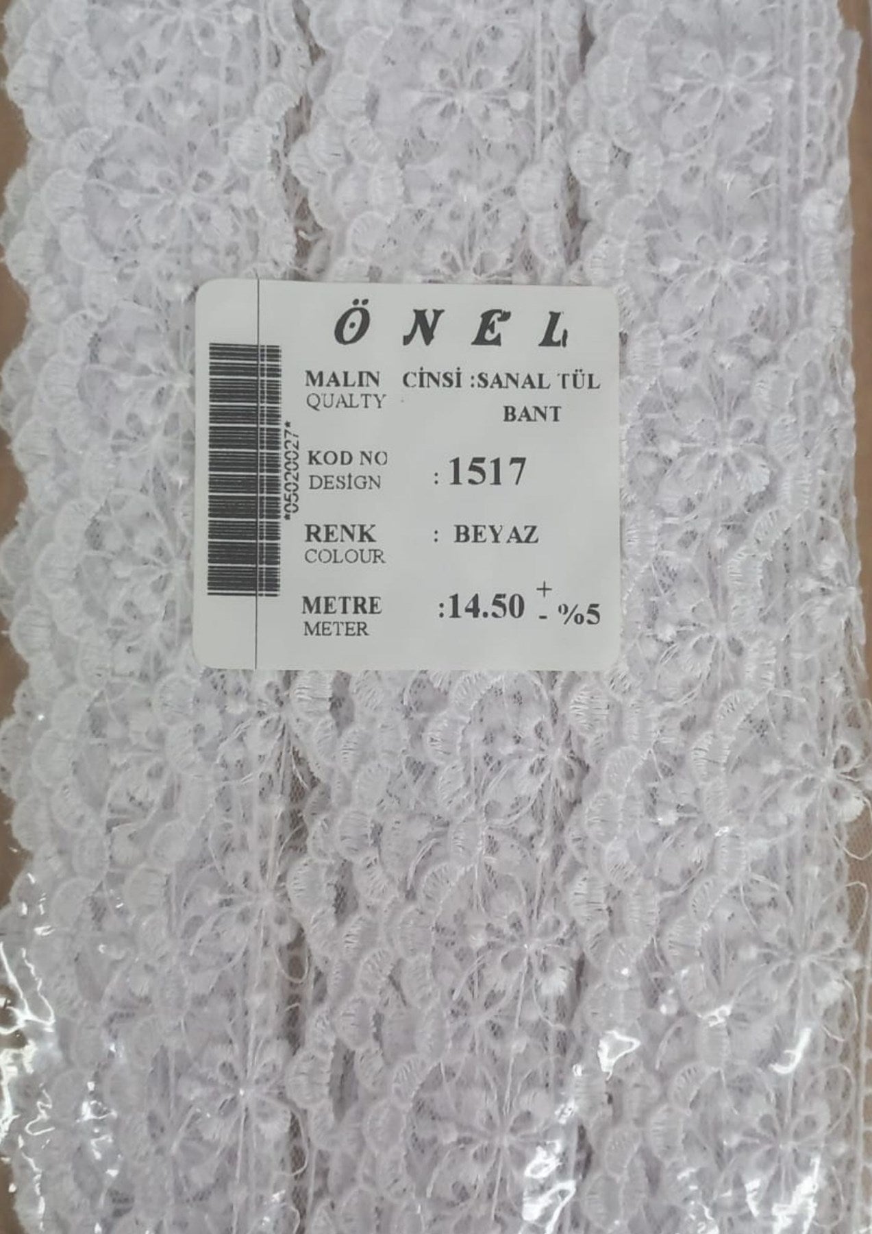 Dantel Polyester Sanal Tül Bant Beyaz 14,50 Metre En 6 cm ON-1517-B