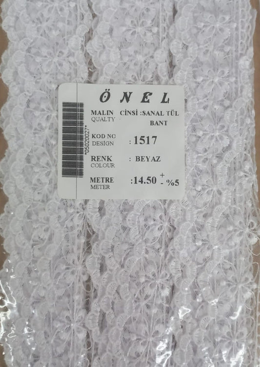 Dantel Polyester Sanal Tül Bant Beyaz 14,50 Metre En 6 cm ON-1517-B
