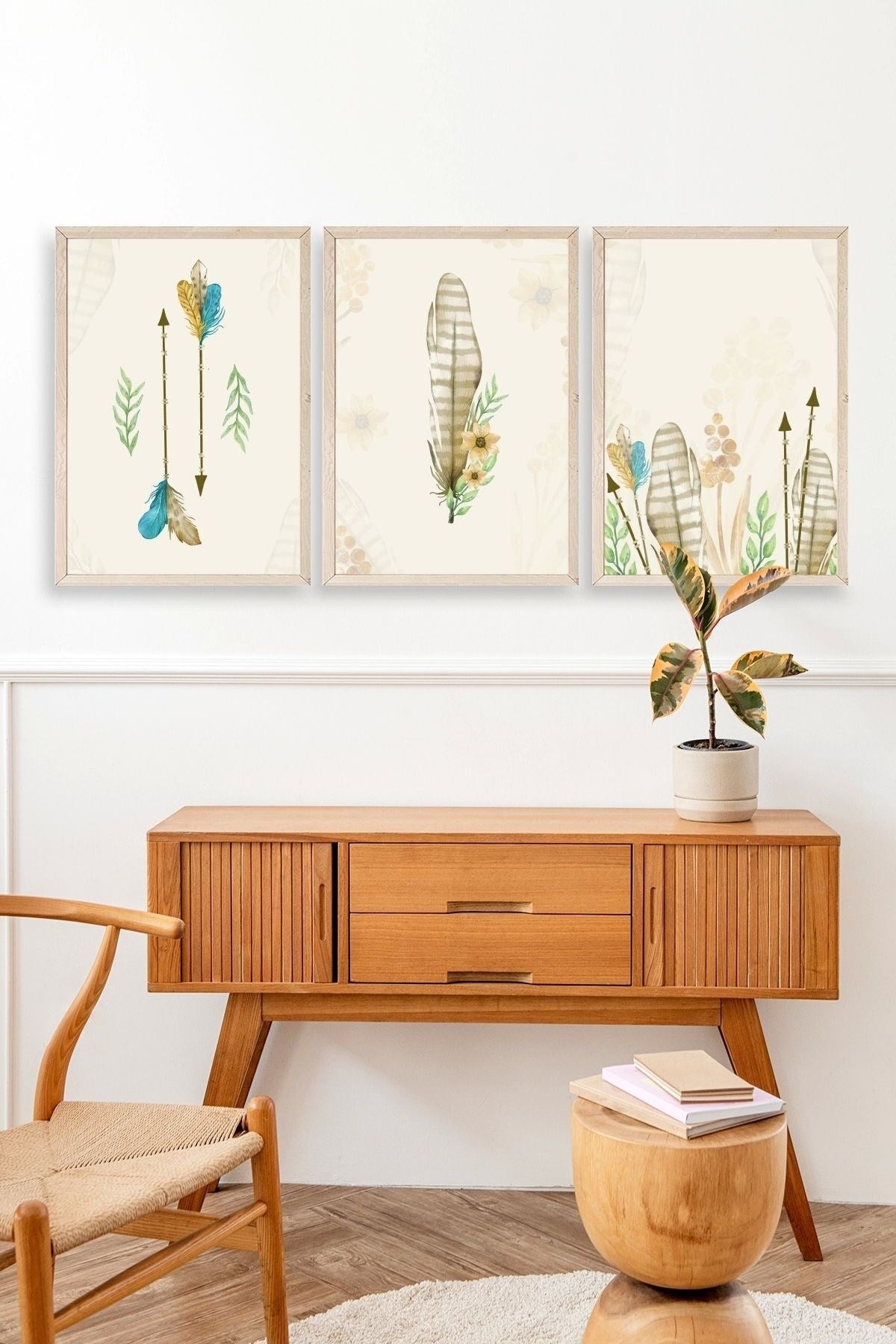 Çiçekli Desenler Üçlü Ahşap Çerçeveli Tablo 17 x 23