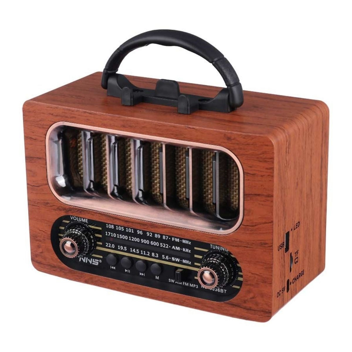 BUFFER® Orta Boy Retro Ahşap Tasarım Bluetooth Hoparlörlü Radyo – FM/AM Destekli, Şarjlı ve Taşınabiliri Radyo NS-6636