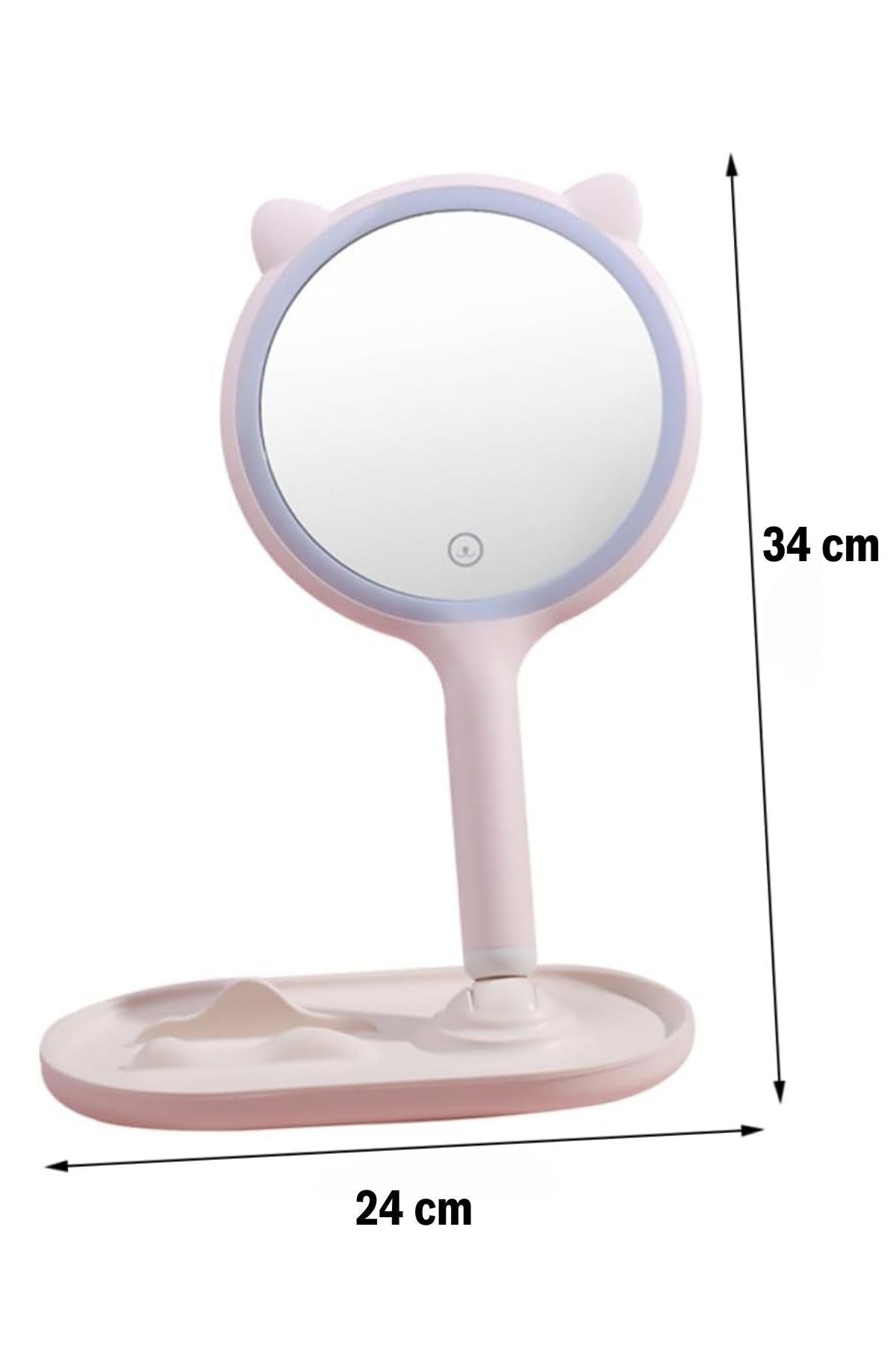 BUFFER® Kedi Kulaklı Telefon Standlı Yuvarlak Dokunmatik Led Ayarlı Masa Üstü Makyaj Aynası