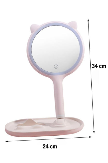 BUFFER® Kedi Kulaklı Telefon Standlı Yuvarlak Dokunmatik Led Ayarlı Masa Üstü Makyaj Aynası