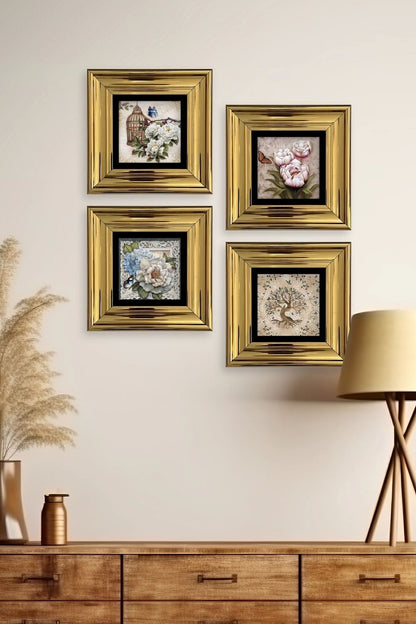 Çiçekler 4 lü Set Çerçeveli Taş Tablo 20 cm