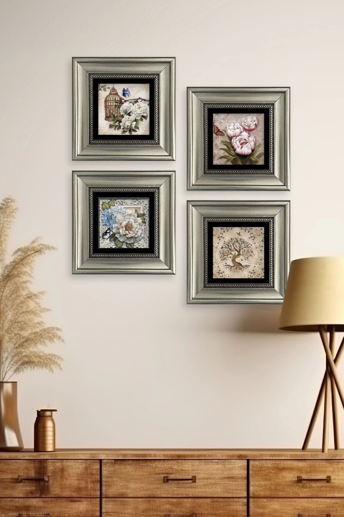 Çiçekler 4 lü Set Çerçeveli Taş Tablo 20 cm