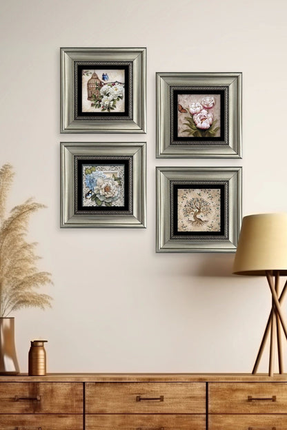 Çiçekler 4 lü Set Çerçeveli Taş Tablo 20 cm