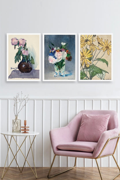 Vazodaki Çiçekler Üçlü Ahşap Çerçeveli Tablo 40 x 60