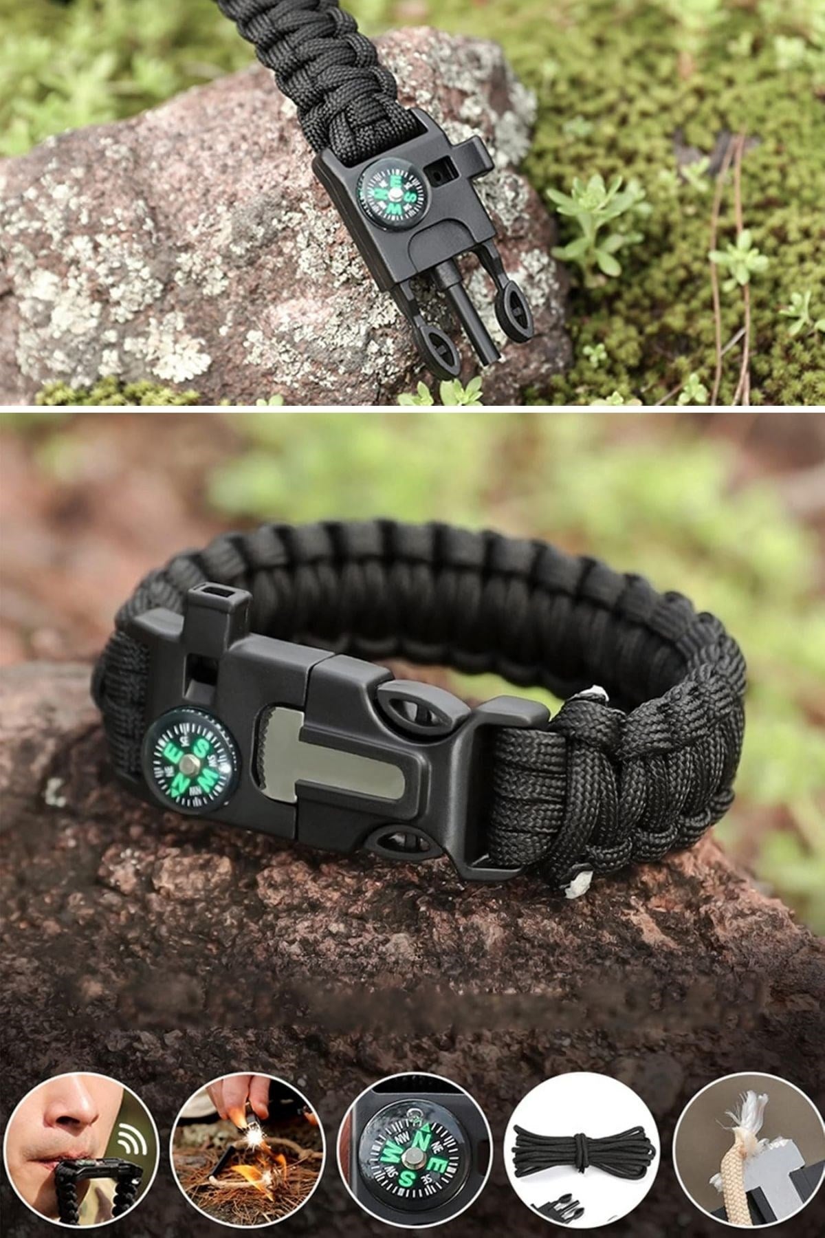 BUFFER® 5'i 1 Arada Çok Fonksiyonlu Hayatta Kalma Bilekliği Pusula, Düdük, Çakmak Taşı ve Şemsiye İpi Bileklik
