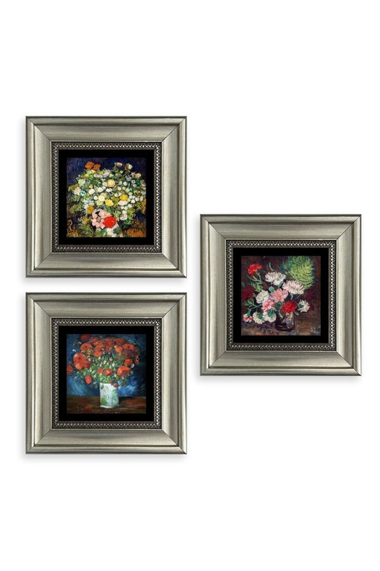 Çiçekler 3 lü Set Çerçeveli Taş Tablo 20 cm
